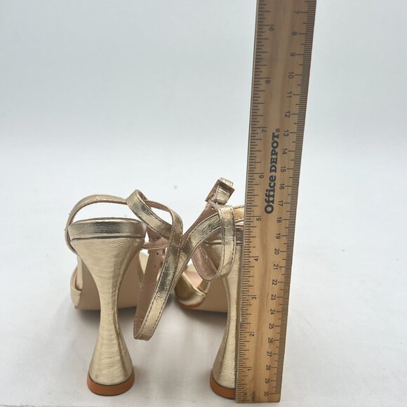 Milooey Gold Peep Toe Sexy Flared Chunky High Heels Buckled Slingback Sandal - Picture 5 of 8